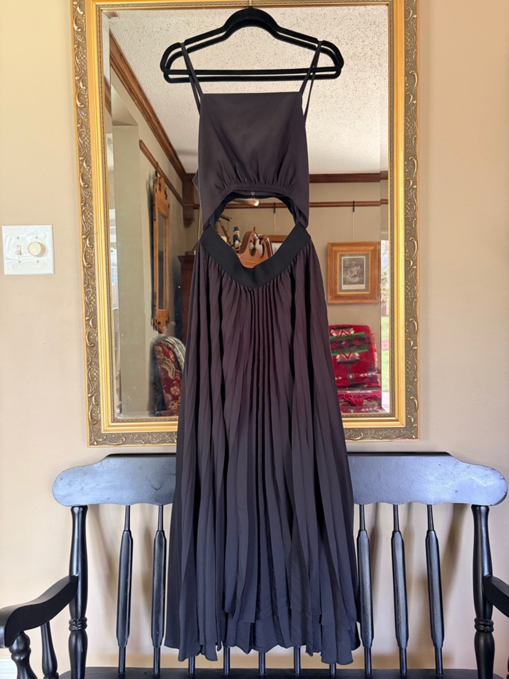 Ramy Brook Black Satin Pleated Cutout Midi Fit & Flare Dress